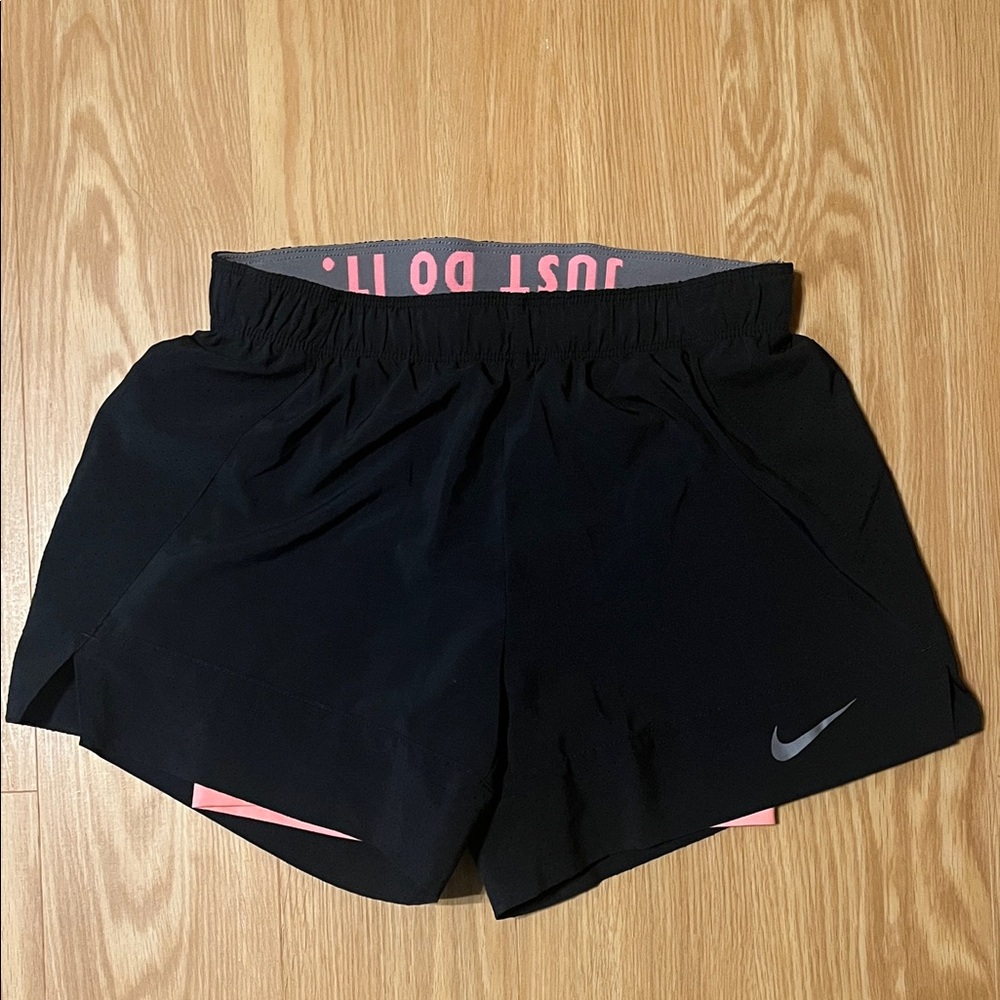 Nike Women's Dri-Fit Double-Layer Black Shorts with Peach Undershorts, size XS